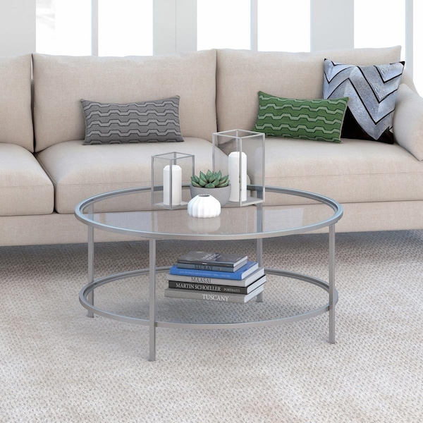 Henn & Hart Sivil Satin Nickel Coffee Table with Glass Shelf - CT0199