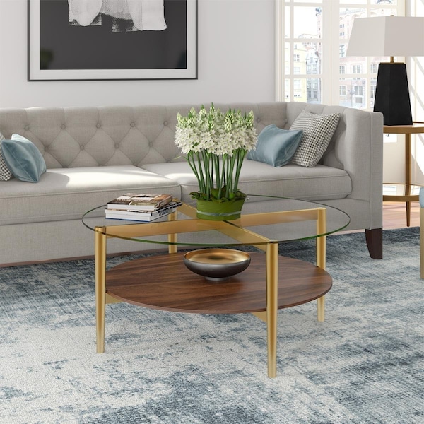 Henn & Hart Otto 36 in. Brass Finish Coffee Table with Walnut Shelf - CT0140