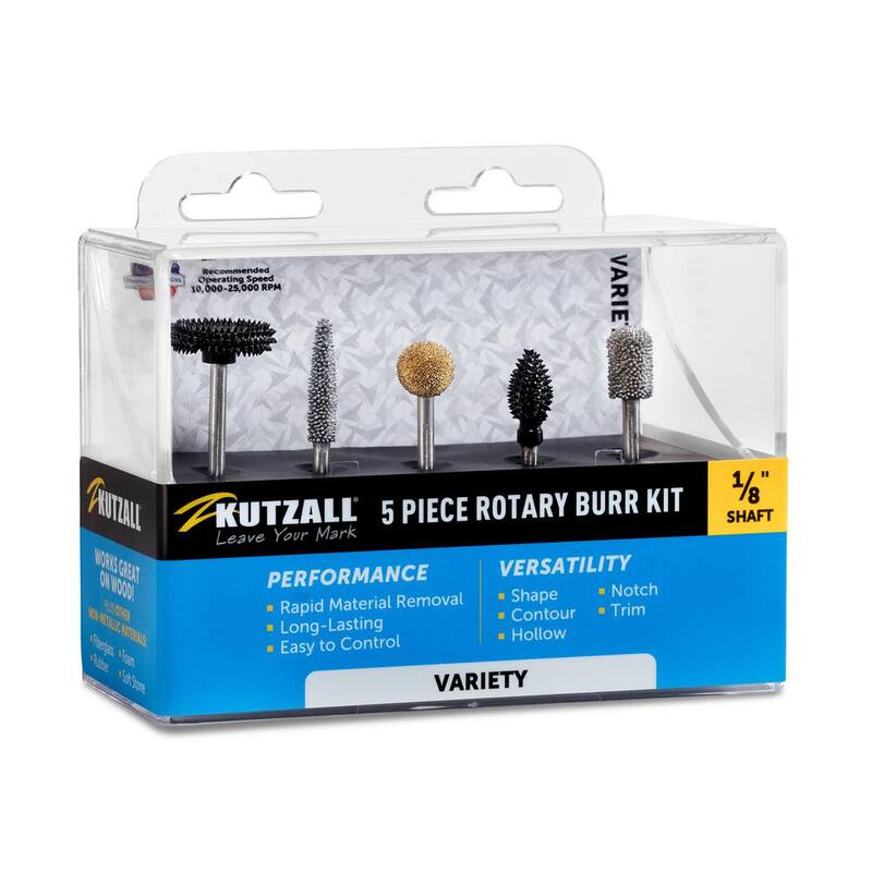 Conjunto de fresas rotativas KUTZALL Variety para una remoción superior de materiales en madera, plástico, fibra de vidrio, resina epoxi, tablaroca y eje de 1/8 pulgadas - 18VKIT01
