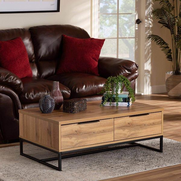 Baxton Studio Franklin Modern Oak Brown Finished Wood and Black Finished Metal 2-Drawer Coffee Table - 180-11208-ZORO