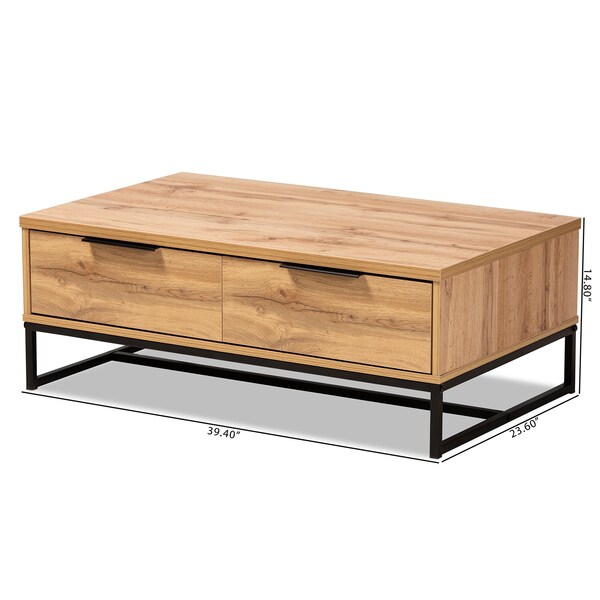 Baxton Studio Franklin Modern Oak Brown Finished Wood and Black Finished Metal 2-Drawer Coffee Table - 180-11208-ZORO