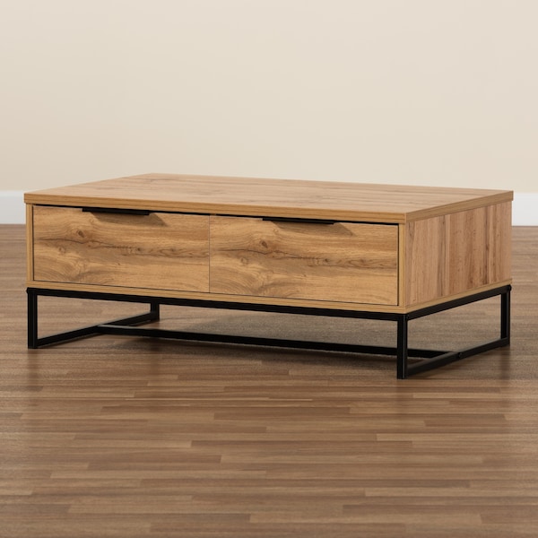 Baxton Studio Franklin Modern Oak Brown Finished Wood and Black Finished Metal 2-Drawer Coffee Table - 180-11208-ZORO