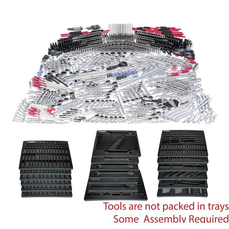 Set de herramientas Husky para mecánicos profesionales de 1/4, 3/8 y 1/2 pulgadas con dados de impacto y bandejas de almacenamiento de espuma (1,025 piezas) - H1025RMEVACB