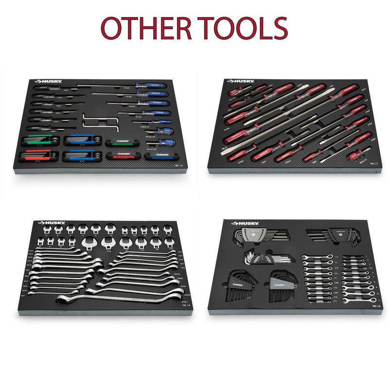 Set de herramientas Husky para mecánicos profesionales de 1/4, 3/8 y 1/2 pulgadas con dados de impacto y bandejas de almacenamiento de espuma (1,025 piezas) - H1025RMEVACB