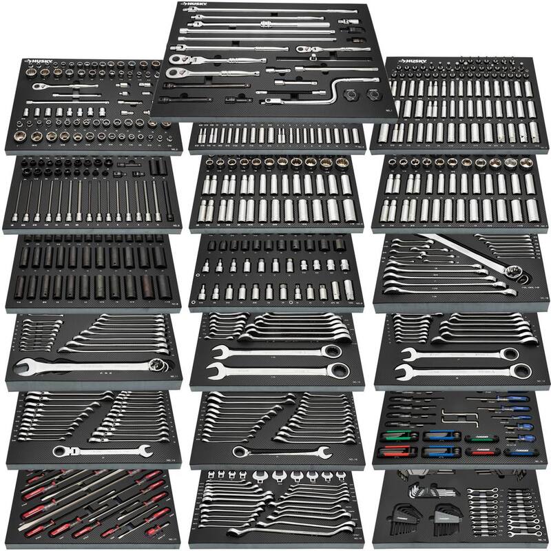 Set de herramientas Husky para mecánicos profesionales de 1/4, 3/8 y 1/2 pulgadas con dados de impacto y bandejas de almacenamiento de espuma (1,025 piezas) - H1025RMEVACB