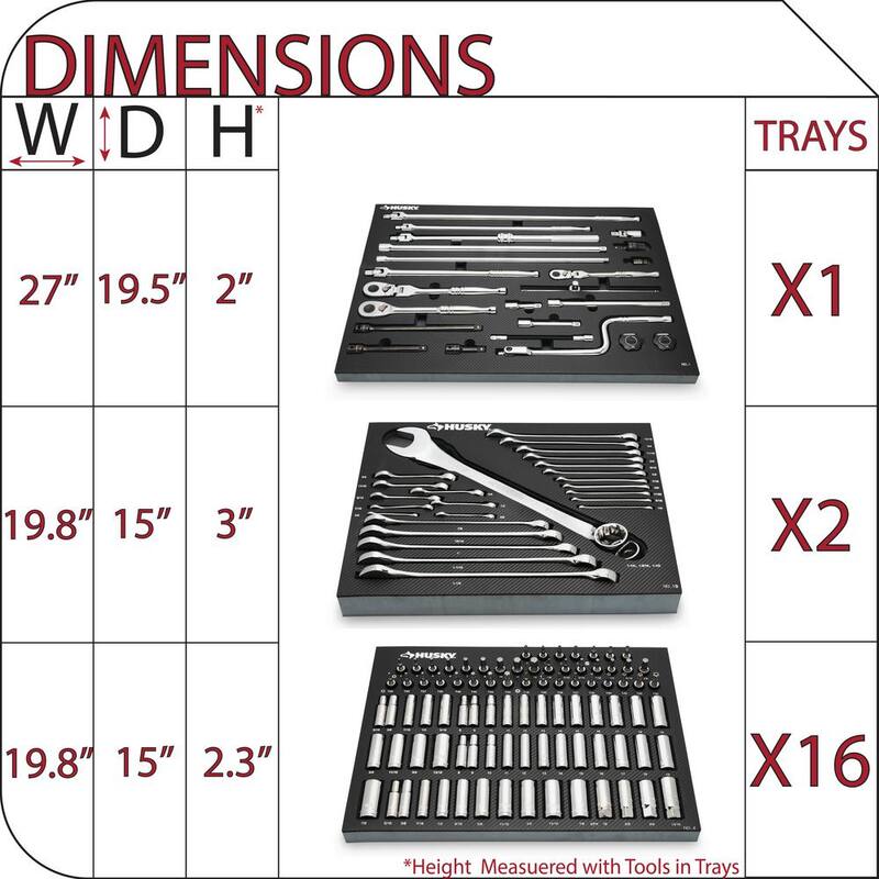 Set de herramientas Husky para mecánicos profesionales de 1/4, 3/8 y 1/2 pulgadas con dados de impacto y bandejas de almacenamiento de espuma (1,025 piezas) - H1025RMEVACB