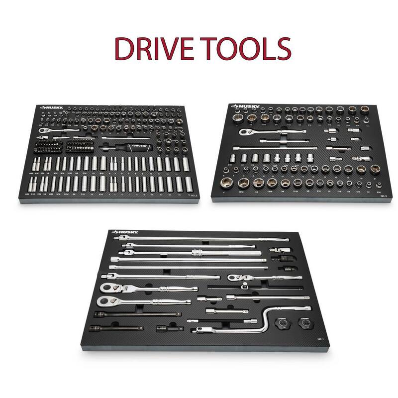 Set de herramientas Husky para mecánicos profesionales de 1/4, 3/8 y 1/2 pulgadas con dados de impacto y bandejas de almacenamiento de espuma (1,025 piezas) - H1025RMEVACB