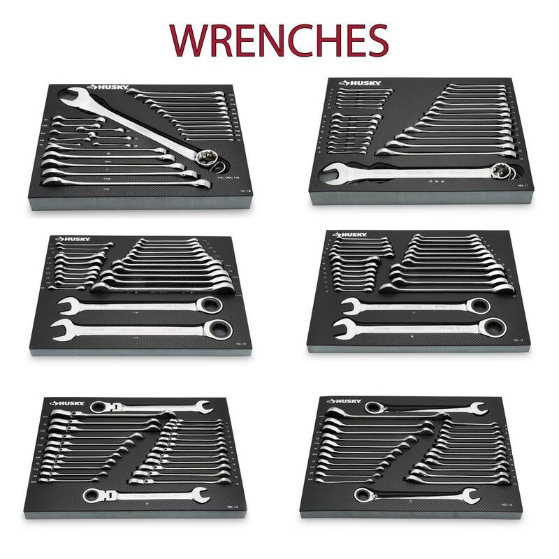 Set de herramientas Husky para mecánicos profesionales de 1/4, 3/8 y 1/2 pulgadas con dados de impacto y bandejas de almacenamiento de espuma (1,025 piezas) - H1025RMEVACB
