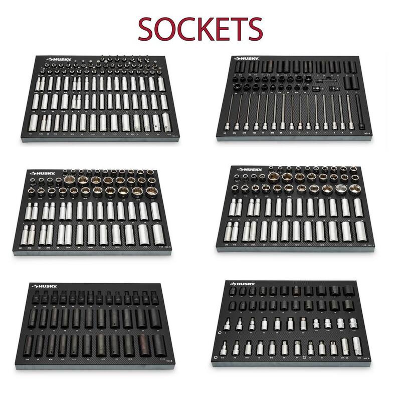 Set de herramientas Husky para mecánicos profesionales de 1/4, 3/8 y 1/2 pulgadas con dados de impacto y bandejas de almacenamiento de espuma (1,025 piezas) - H1025RMEVACB