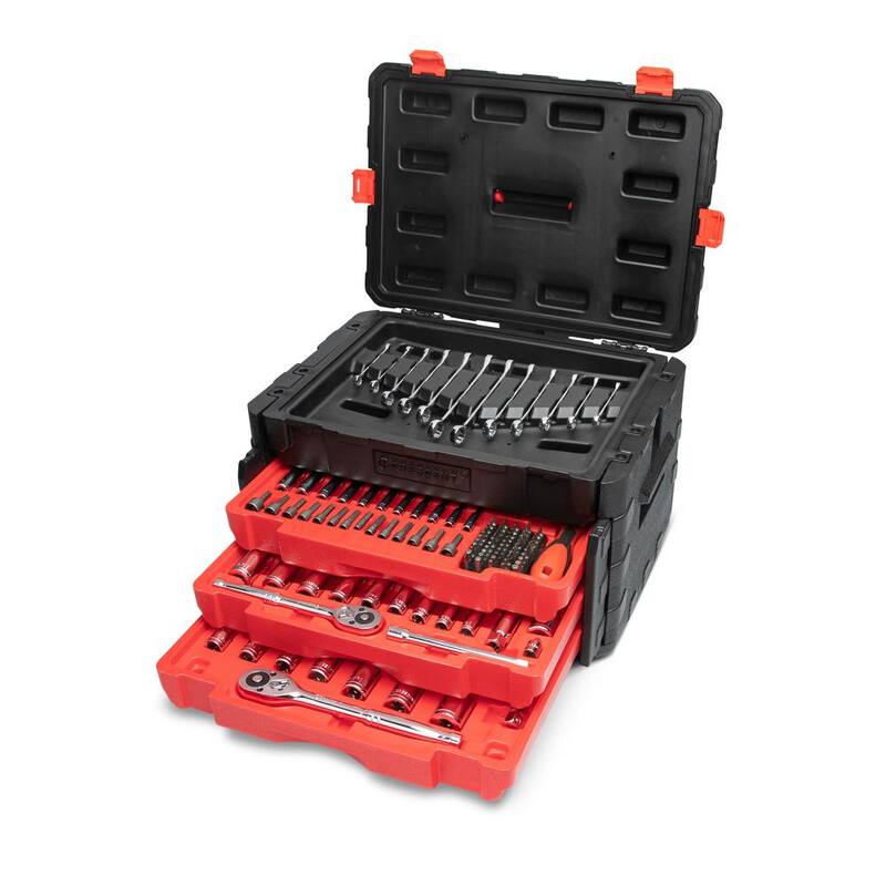Set de herramientas para mecánicos Crescent de 1/4 pulgadas, 3/8 pulgadas y 1/2 pulgadas de unidades SAE/Métricas con estuche de almacenamiento de 3 cajones (229 piezas) - CTK229C