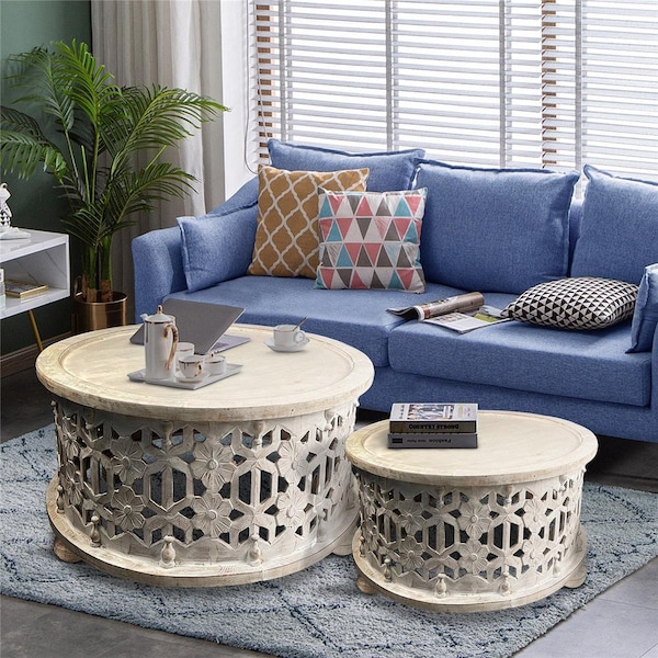 The Urban Port 16 x 30 x 30 in. 2 Piece Wooden Round Coffee Table Set with Floral Cut Out Design, Antique White - UPT-248139