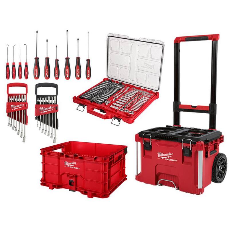 Juego de herramientas mecánicas Milwaukee 3/8 pulg. y 1/4 pulg. Drive SAE/Métrico Ratchet y Socket (130 piezas) con set PACKOUT (3 piezas) - 48-22-9486-48-22-9407-48-22-9507