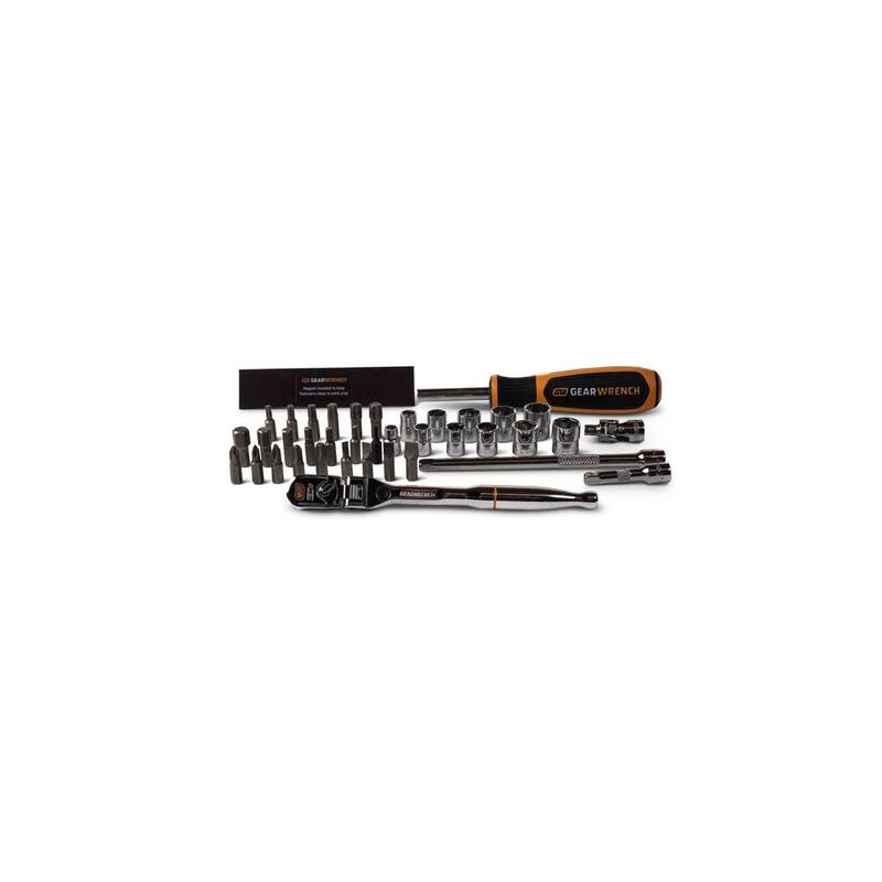 Juego de Microdriver de 1/4 de pulgada con trinquete de cabeza flexible bloqueable de 120XP y dados Stubby (39 piezas) - GWMBS39XPS