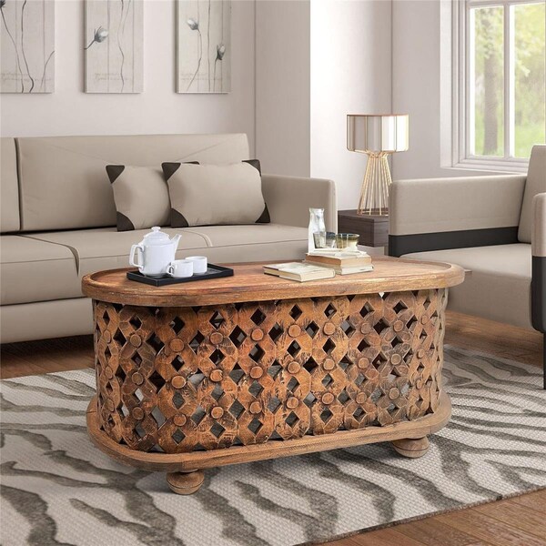 The Urban Port 36 in. Oval Farmhouse Coffee Table with Intricate Cut Out Design, Antique Brown - UPT-242449