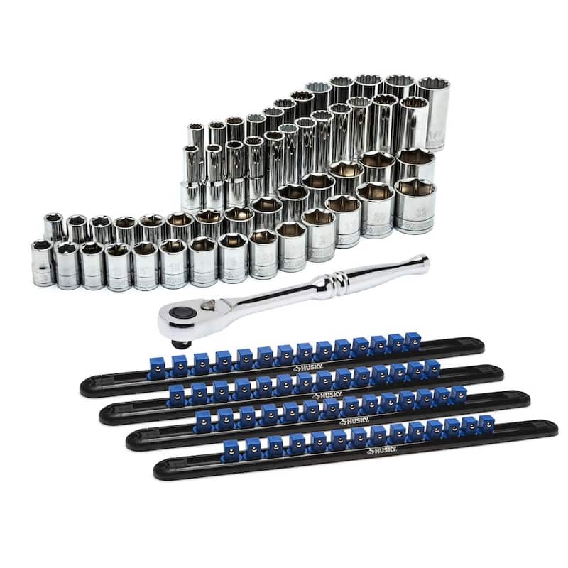 Juego de puntas y dados SAE y métricos de 1/2 pulgadas con trinquete y rieles (57 piezas) - H2D57PCMSSRR