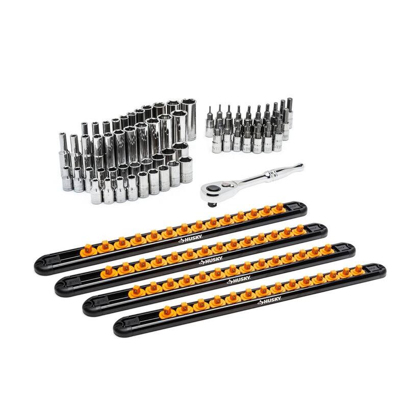 Juego de vasos y puntas Husky de 1/4 de pulgada SAE y métricos con trinquete y rieles (70 piezas) - H4D70PCMSSRR