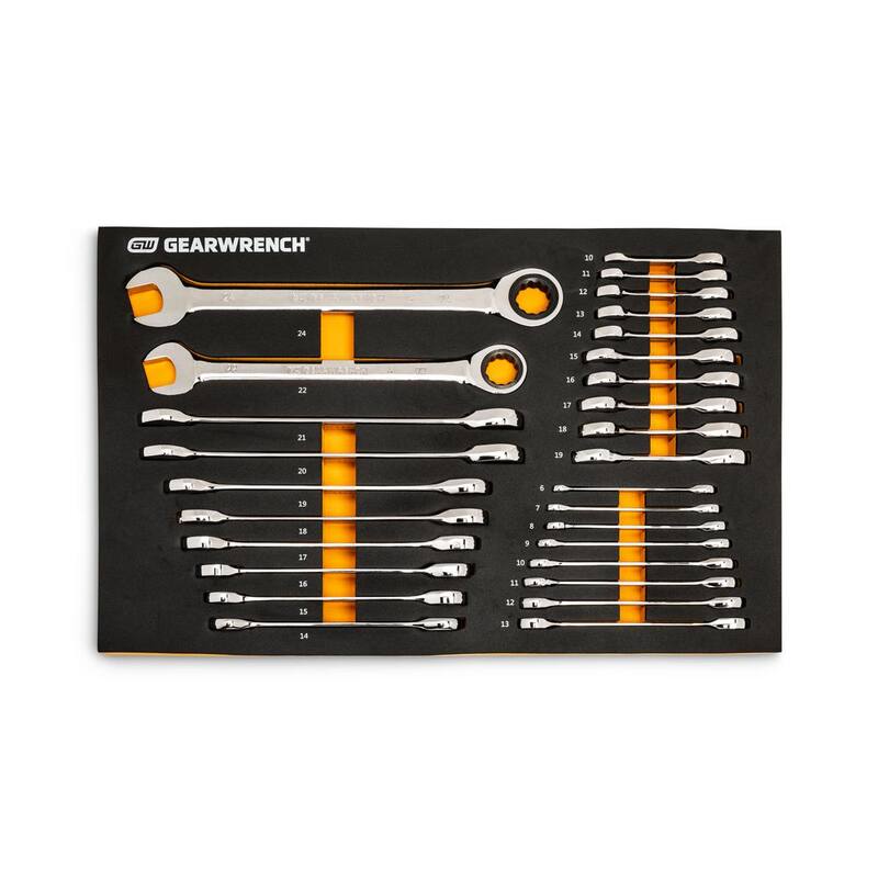 Juego de llaves de trinquete estándar y cortas métricas GEARWRENCH de 28 piezas con trinquete de 72 dientes y bandeja de espuma EVA - 86527