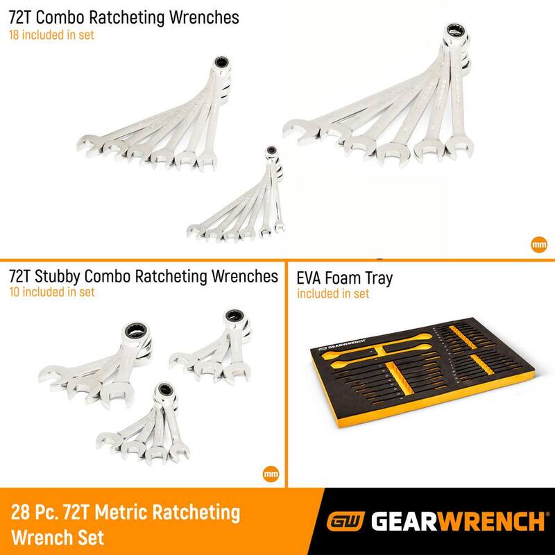 Juego de llaves de trinquete estándar y cortas métricas GEARWRENCH de 28 piezas con trinquete de 72 dientes y bandeja de espuma EVA - 86527