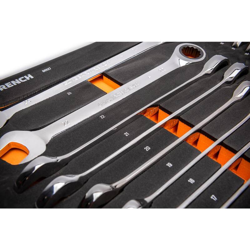 Juego de llaves de trinquete estándar y cortas métricas GEARWRENCH de 28 piezas con trinquete de 72 dientes y bandeja de espuma EVA - 86527