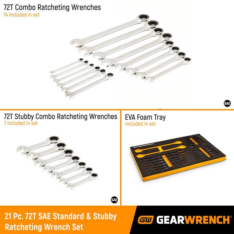 Juego de Llaves de Trinquete Estándar y Cortas de 21 Piezas 72T SAE GEARWRENCH con Bandeja de Espuma EVA - 86526