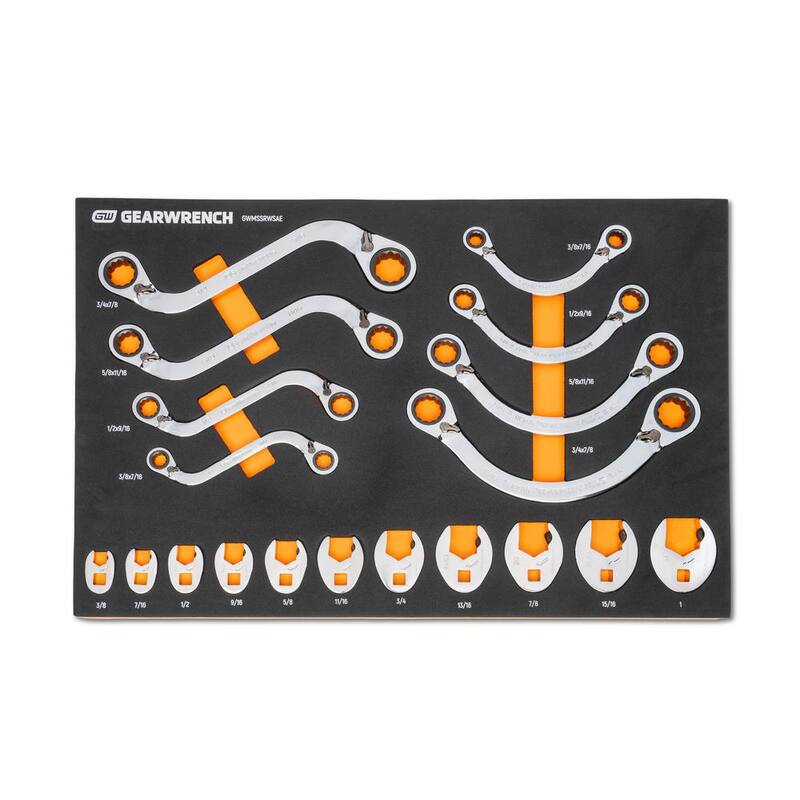 Juego de llaves de trinquete especializadas reversibles Crowfoot de 3/8 pulgadas de GEARWRENCH con bandeja de almacenamiento de espuma EVA (19 piezas) - GWMSSRWSAE