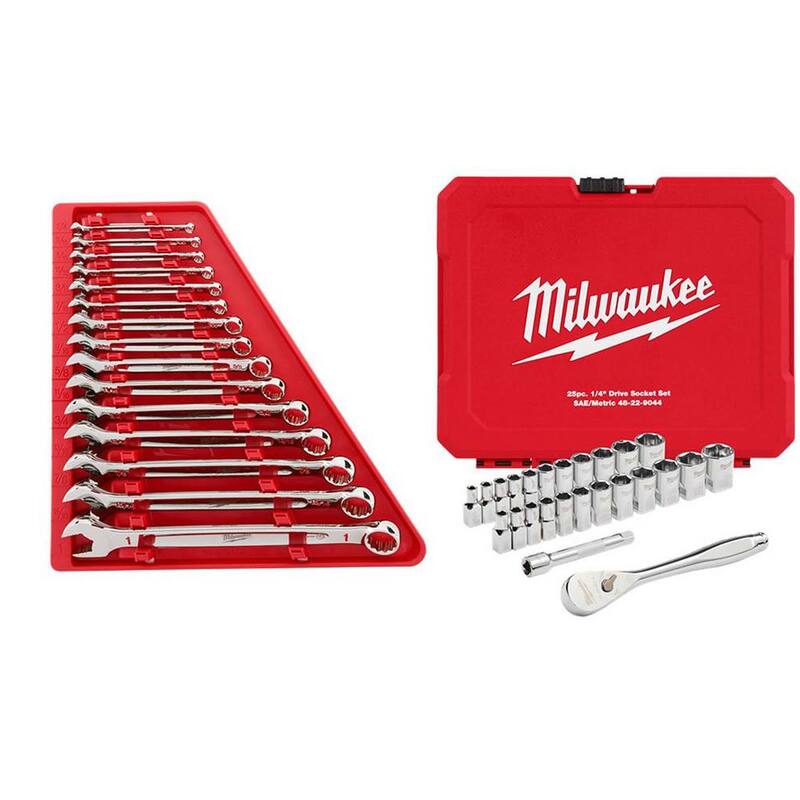 Juego de herramientas mecánicas de llave combinada Milwaukee SAE con juego de herramientas mecánicas de trinquete y socket SAE/métrico de 1/4 de pulgada (40 piezas) - 48-22-9415-48-22-9044