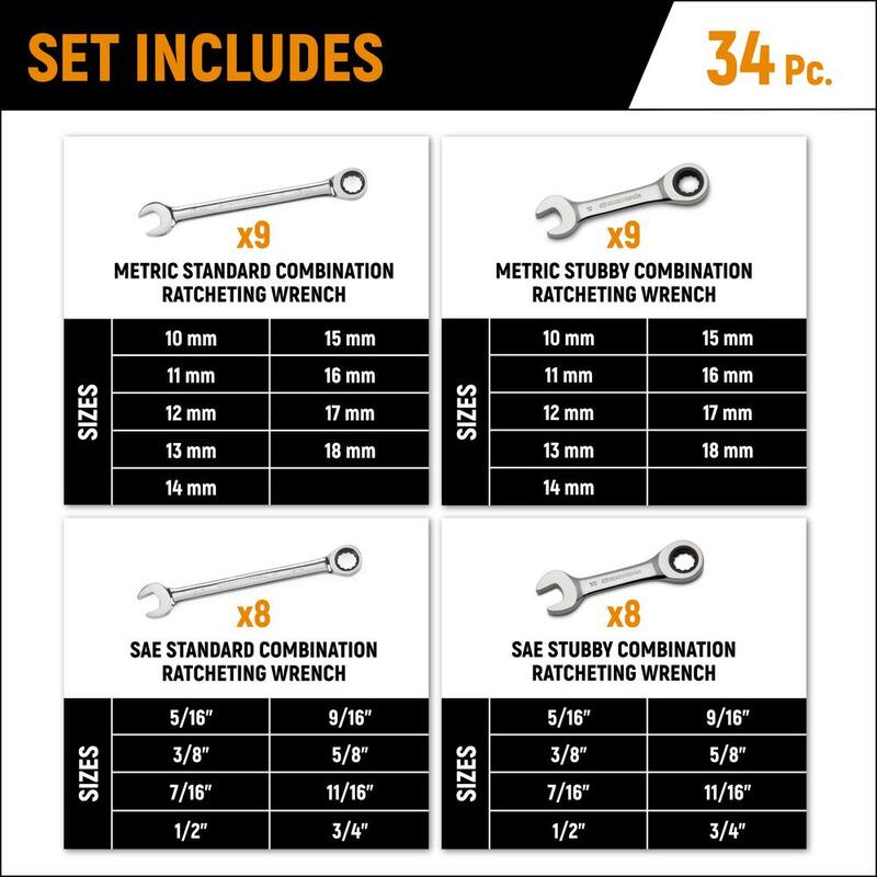 Set de llaves de trinquete estándar y cortas combinadas, en medidas SAE/Métricas de 72 dientes (34 piezas) - 85034