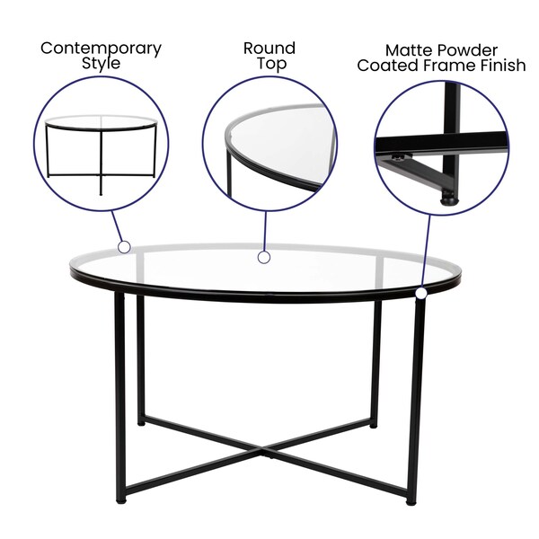 Flash Furniture Round Glass Coffee Table with Matte Black Frame - NAN-JH-1786CT-BK-GG