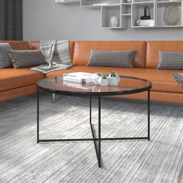 Flash Furniture Round Glass Coffee Table with Matte Black Frame - NAN-JH-1786CT-BK-GG