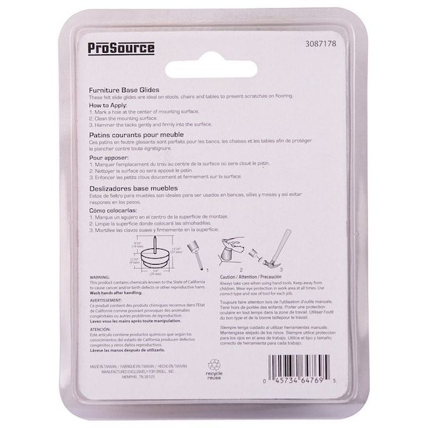 Prosource Furniture Glide, Plastic, Gray/White, Gray/White, 3/4 x 3/4 x 15/16 in Dimensions - FE-50320-PS