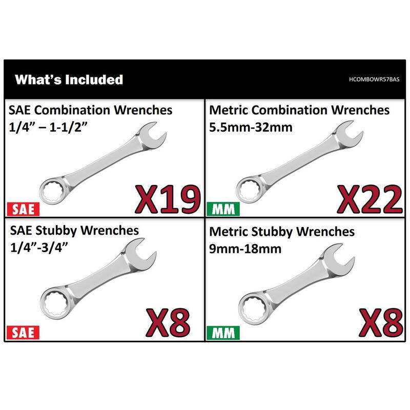 Set de llaves combinadas y llaves cortas Husky (57 piezas) - HCOMBOWR57BAS