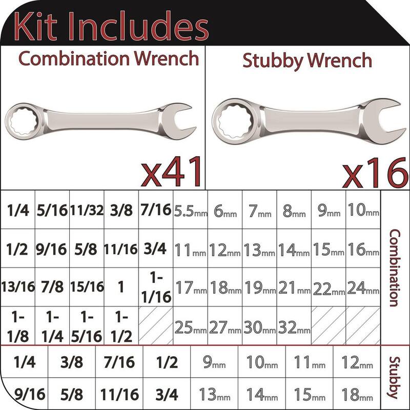 Set de llaves combinadas y llaves cortas Husky (57 piezas) - HCOMBOWR57BAS