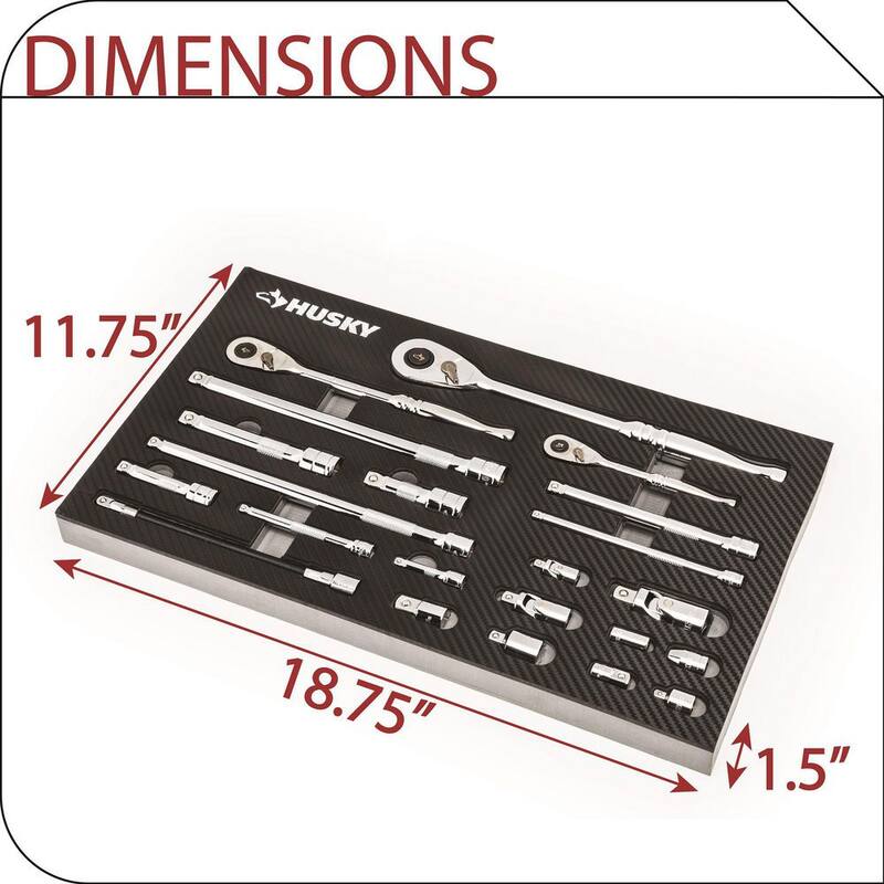Juego de llaves de trinquete, accesorios y llaves de trinquete Husky de 1/4 pulg., 3/8 pulg. y 1/2 pulg., 144 posiciones (52 piezas) - H144RAT52PCWEVA.