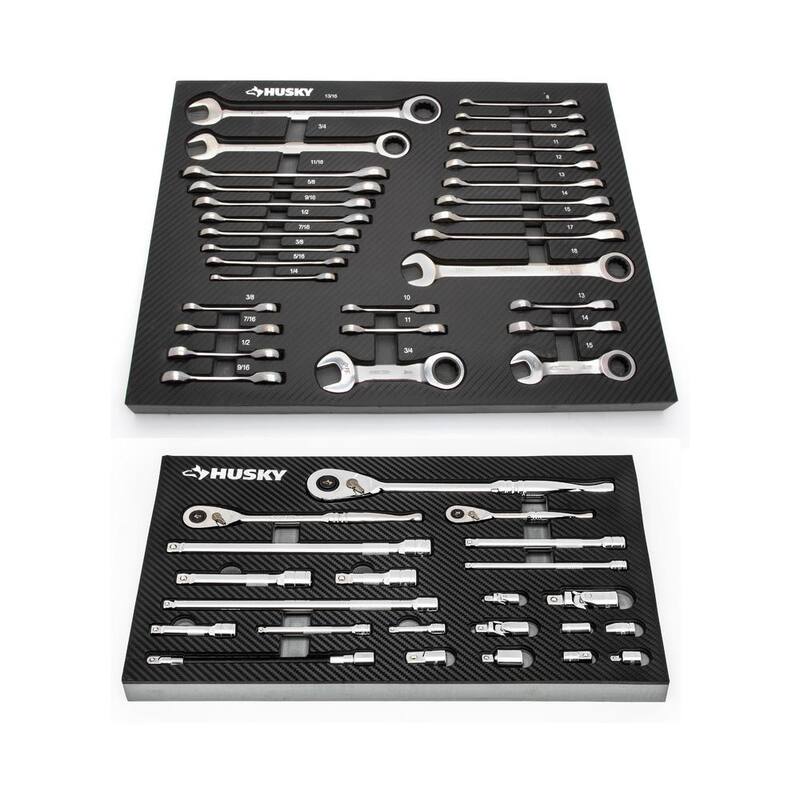 Juego de llaves de trinquete, accesorios y llaves de trinquete Husky de 1/4 pulg., 3/8 pulg. y 1/2 pulg., 144 posiciones (52 piezas) - H144RAT52PCWEVA.