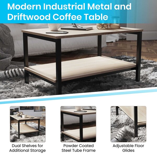 Flash Furniture Driftwood 2 Shelf Modern Wood & Metal Coffee Table - NAN-JH-17163-GG