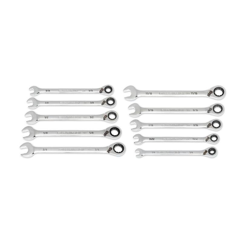 Conjunto de llaves de trinquete reversible de 12 puntos y 90 dientes en medidas estándar (SAE) con riel (10 piezas) - 86658