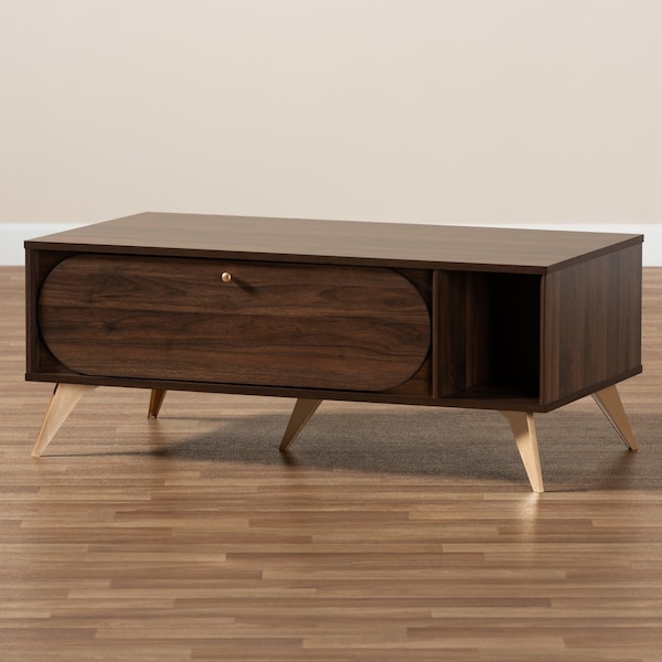 Baxton Studio Edel Mid-Century Modern Walnut Brown and Gold Finished Wood Coffee Table - 174-10959-ZORO