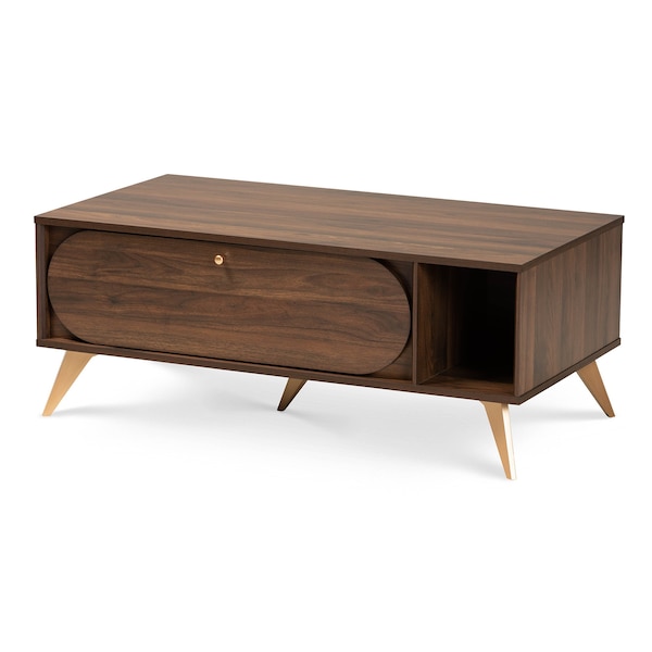 Baxton Studio Edel Mid-Century Modern Walnut Brown and Gold Finished Wood Coffee Table - 174-10959-ZORO
