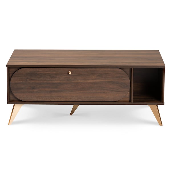 Baxton Studio Edel Mid-Century Modern Walnut Brown and Gold Finished Wood Coffee Table - 174-10959-ZORO