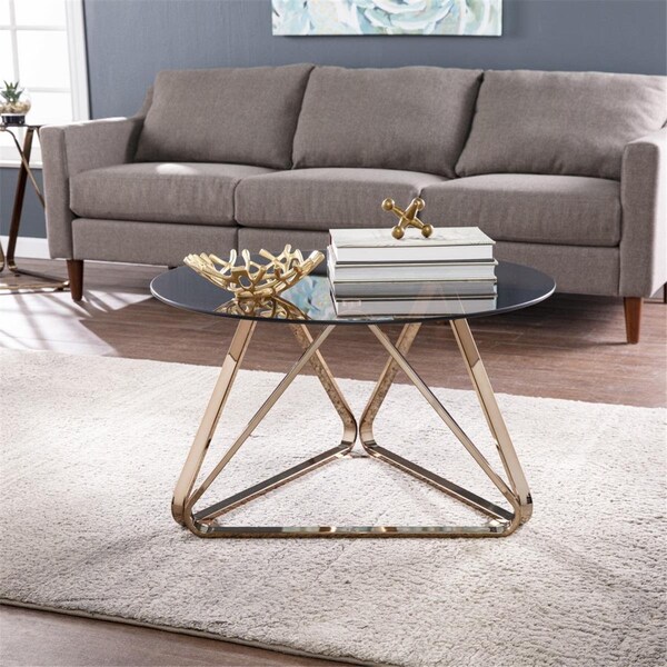 Homeroots 31 in. Glass & Metal Round Coffee Table Champagne - 402129