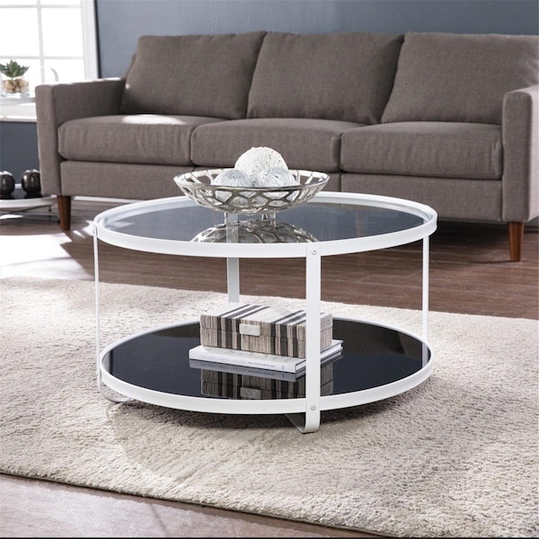 Homeroots 32 in. Glass & Metal Two Tier Round Coffee Table White - 402122