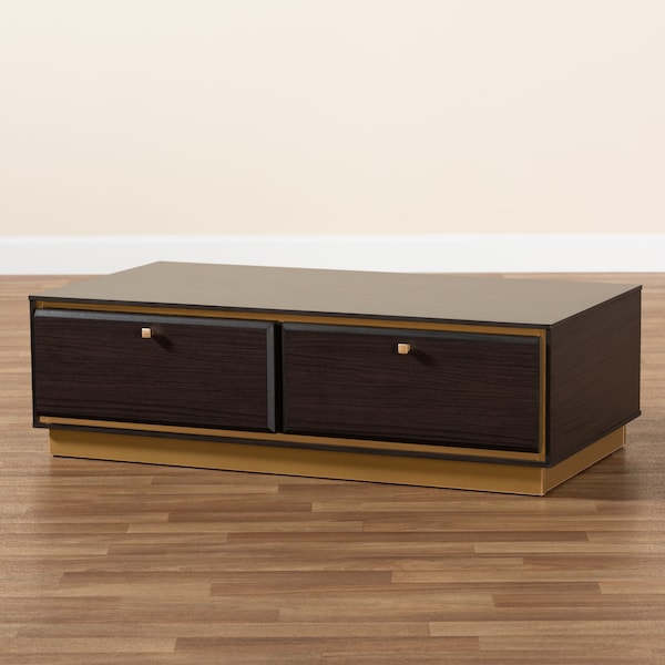 Baxton Studio Cormac Transitional Dark Brown Finished Wood and Gold Metal 2-Drawer Coffee Table - 208-12137