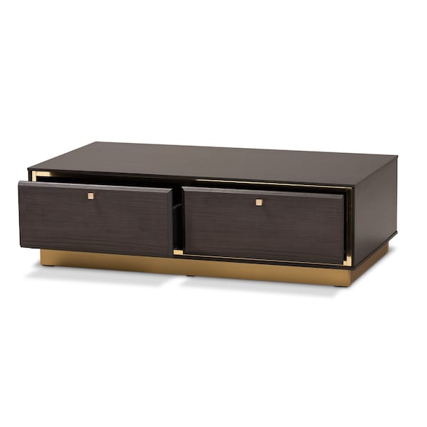 Baxton Studio Cormac Transitional Dark Brown Finished Wood and Gold Metal 2-Drawer Coffee Table - 208-12137