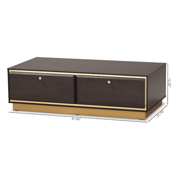 Baxton Studio Cormac Transitional Dark Brown Finished Wood and Gold Metal 2-Drawer Coffee Table - 208-12137