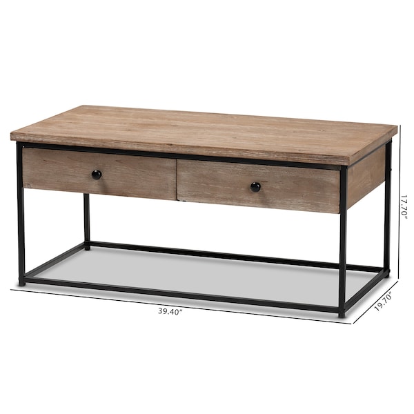 Baxton Studio Roderick Modern and Contemporary Weathered Oak Finished Wood and Black Metal 2Drawer Coffee Table - 213-12490-ZORO