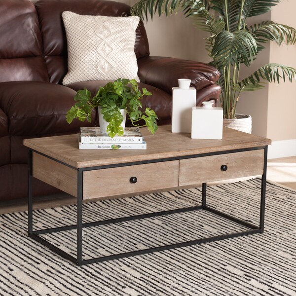 Baxton Studio Roderick Modern and Contemporary Weathered Oak Finished Wood and Black Metal 2Drawer Coffee Table - 213-12490-ZORO
