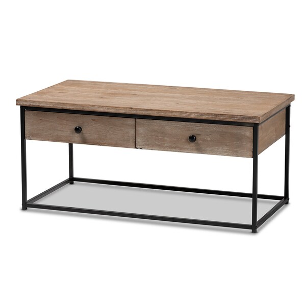 Baxton Studio Roderick Modern and Contemporary Weathered Oak Finished Wood and Black Metal 2Drawer Coffee Table - 213-12490-ZORO