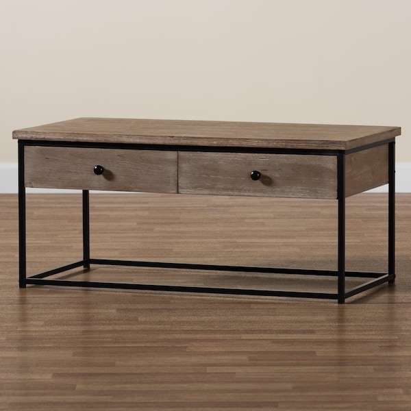Baxton Studio Roderick Modern and Contemporary Weathered Oak Finished Wood and Black Metal 2Drawer Coffee Table - 213-12490-ZORO