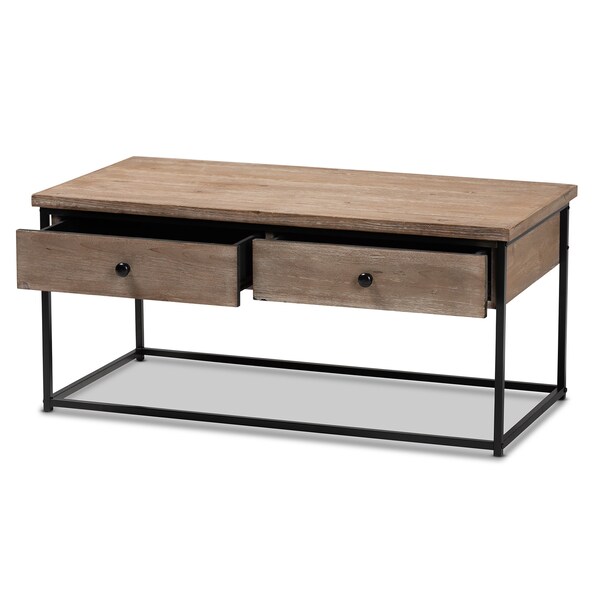 Baxton Studio Roderick Modern and Contemporary Weathered Oak Finished Wood and Black Metal 2Drawer Coffee Table - 213-12490-ZORO