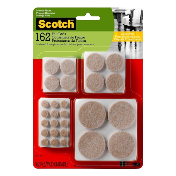 Scotch 3M Scotch Felt Self Adhesive Protective Pad Beige Round Assorted in. W 162 pk - SP845-NA